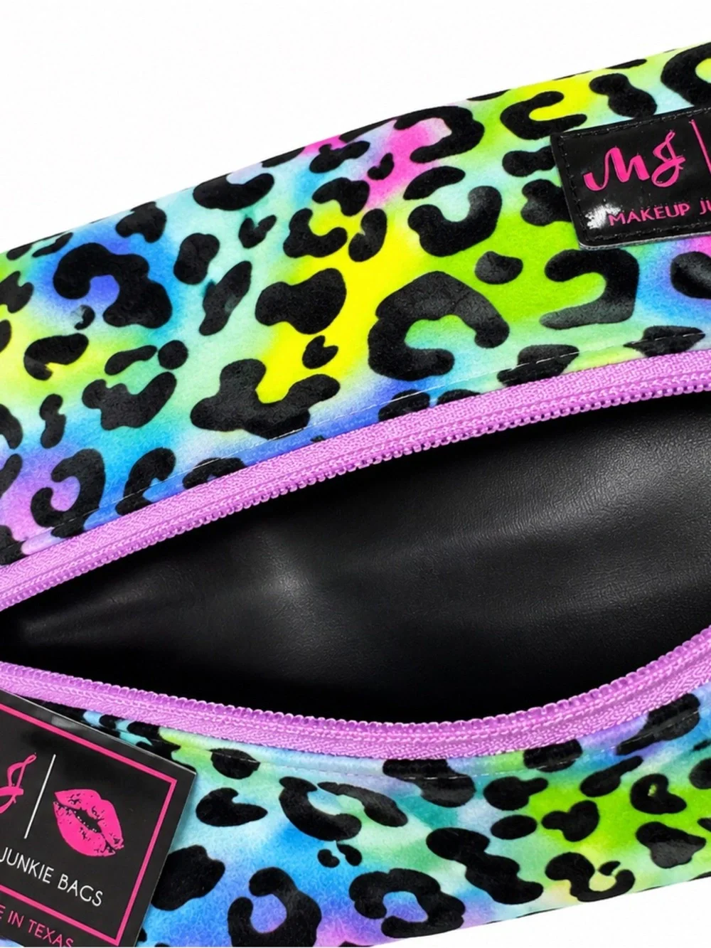 Makeup Junkie Neon Leopard MINI Cosmetic Pouch in Multi-Color with Purple Tassel